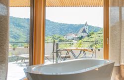 Luftaufnahme eines modernen Hotels mit Terrassen und begrünten Dächern, umgeben von Weinbergen.