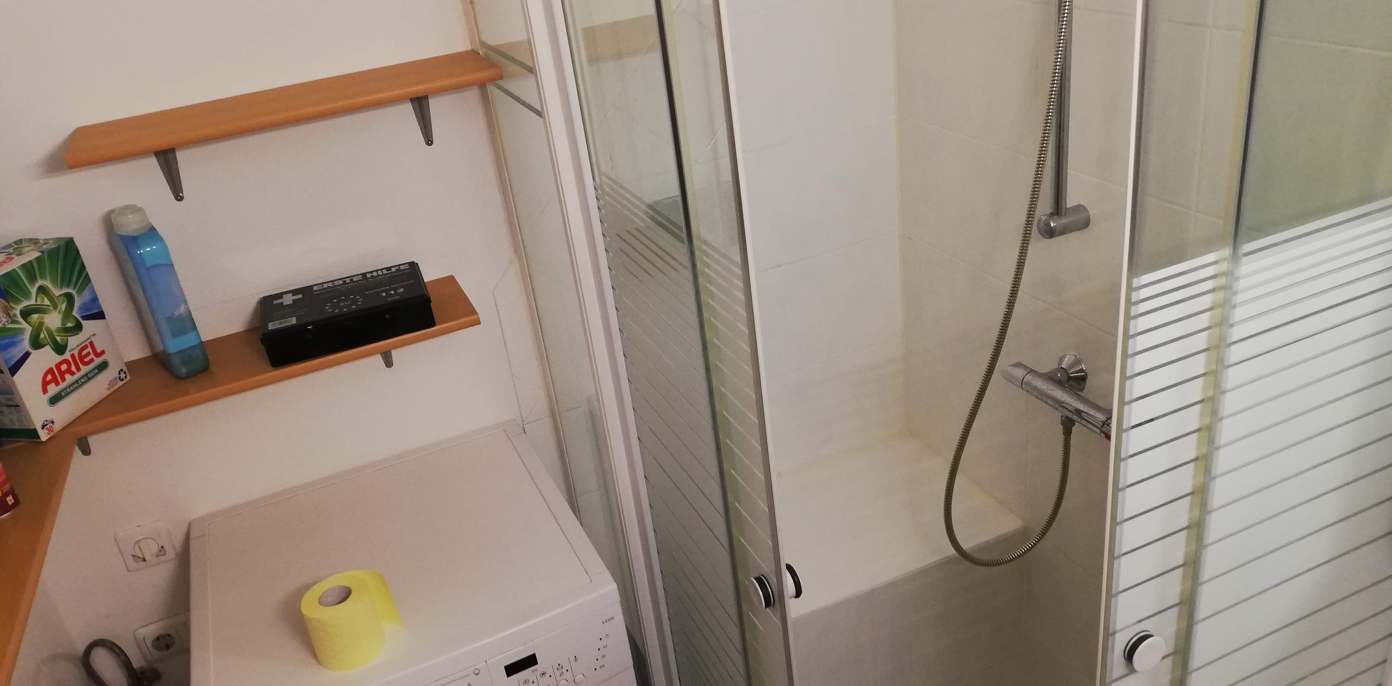 Badezimmer mit Dusche, Waschmaschine und Regalen.