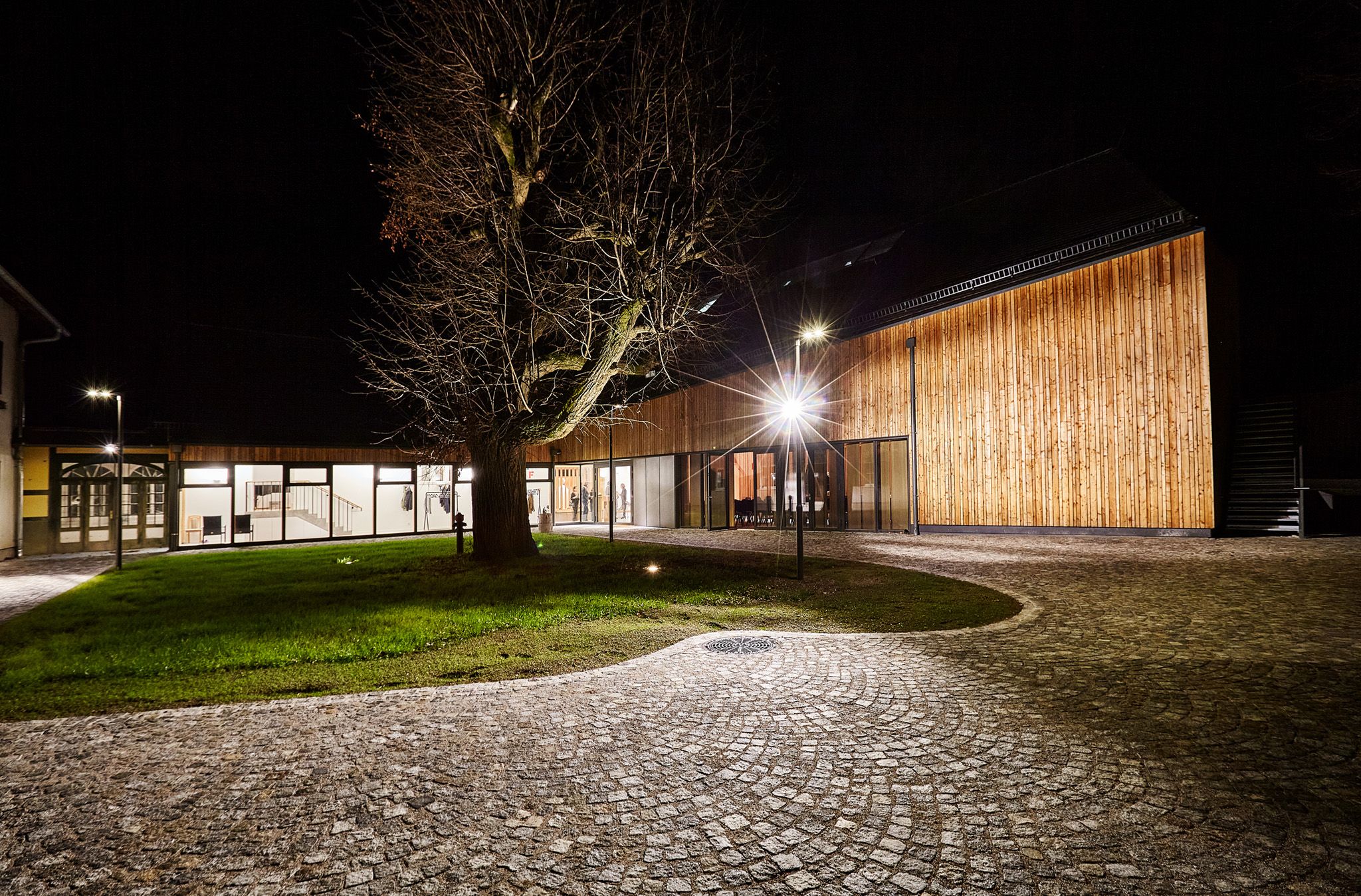 Nachtaufnahme eines modernen Gebäudes mit Holzfassade und großen Fenstern, beleuchtet von Straßenlaternen, mit einem großen Baum im Vordergrund.