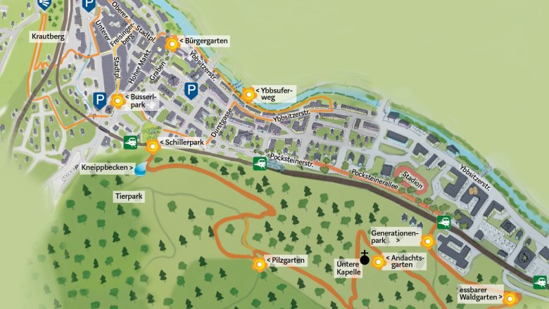 Karte von Waidhofen mit Parks und Wegen.