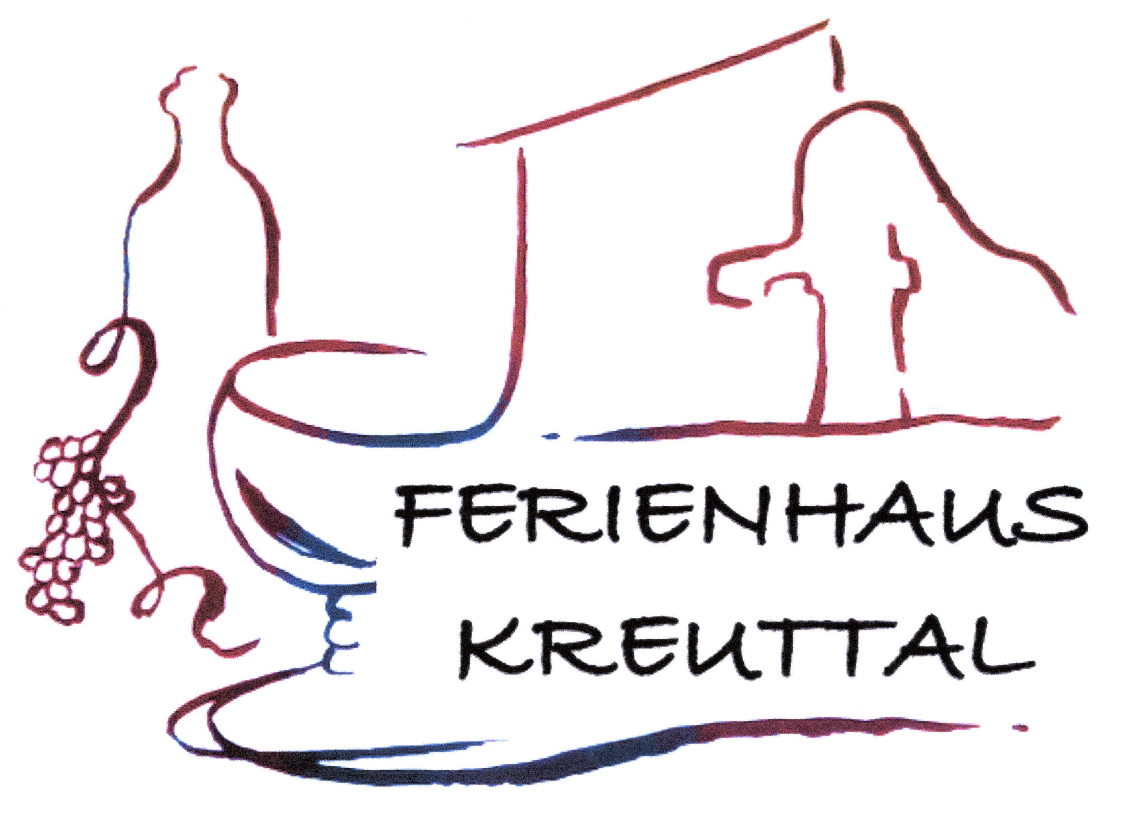 Logo des Ferienhauses Kreuttal mit Weinflasche, Trauben und Hausumriss.