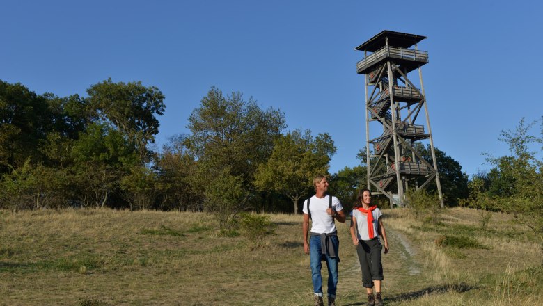 Zwei Wanderer vor einem hölzernen Aussichtsturm in einer Wiesenlandschaft.