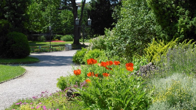 Ein gepflegter Parkweg mit bl&uuml;henden roten Blumen und gr&uuml;nen B&uuml;schen im Sparkassenpark St. P&ouml;lten.