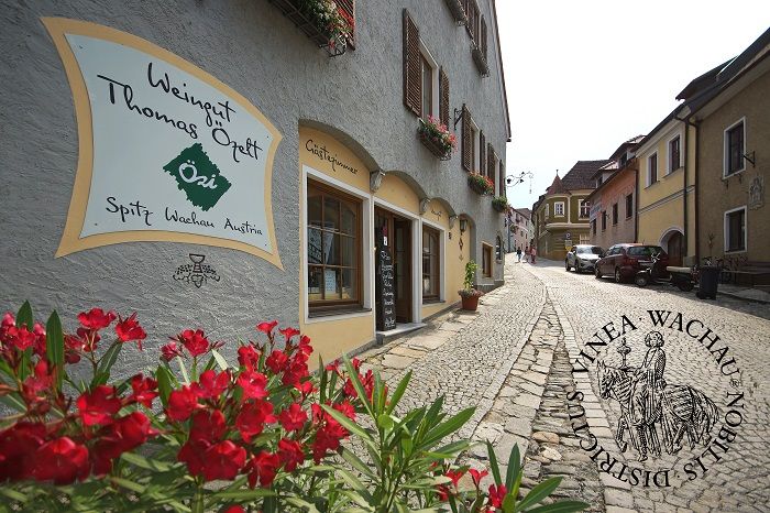 Straße in Spitz, Österreich mit Weingut und Blumen.