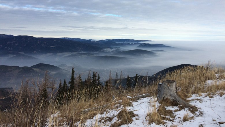 Blick auf nebelverhangene Berge und T&auml;ler mit schneebedecktem Boden und Baumstumpf im Vordergrund.