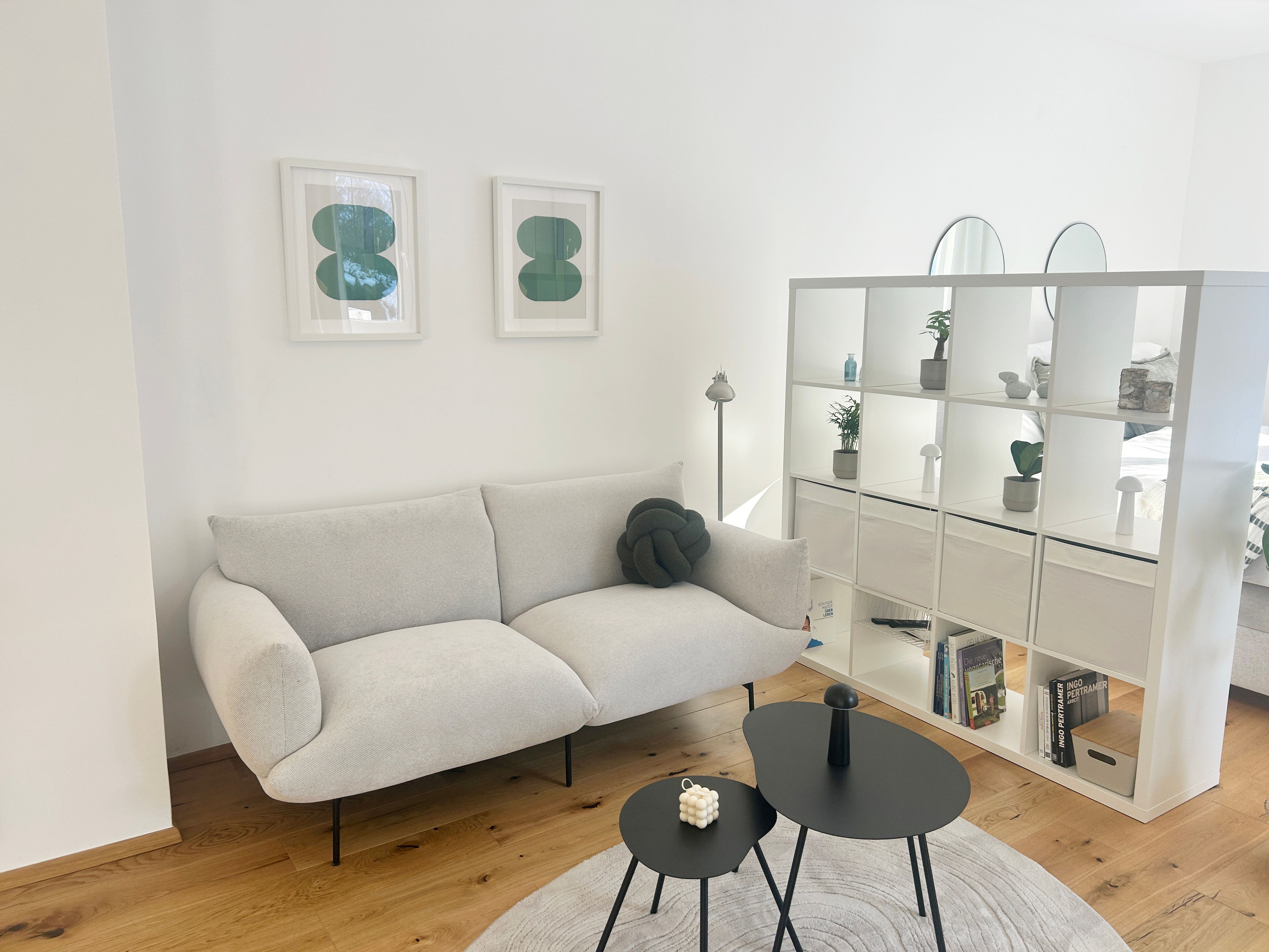 Modern eingerichtetes Wohnzimmer mit grauem Sofa, weißen Regalen und zwei schwarzen Couchtischen.