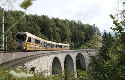 Die Mariazellerbahn schlängelt sich majestätisch über die beeindruckenden Steinbögen, umgeben von üppigem Grün und majestätischen Bergen. Hier, im Herzen des Naturparks, erleben Besucher die perfekte Symbiose aus Technik und Natur, während die sanften Klänge der Landschaft zur Ruhe einladen.