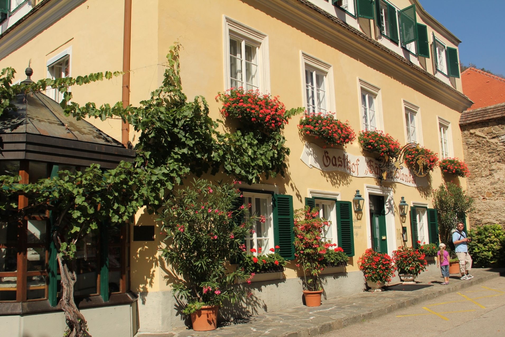 Ein traditionelles Gasthaus mit gelber Fassade, grünen Fensterläden und blühenden Blumenkästen.