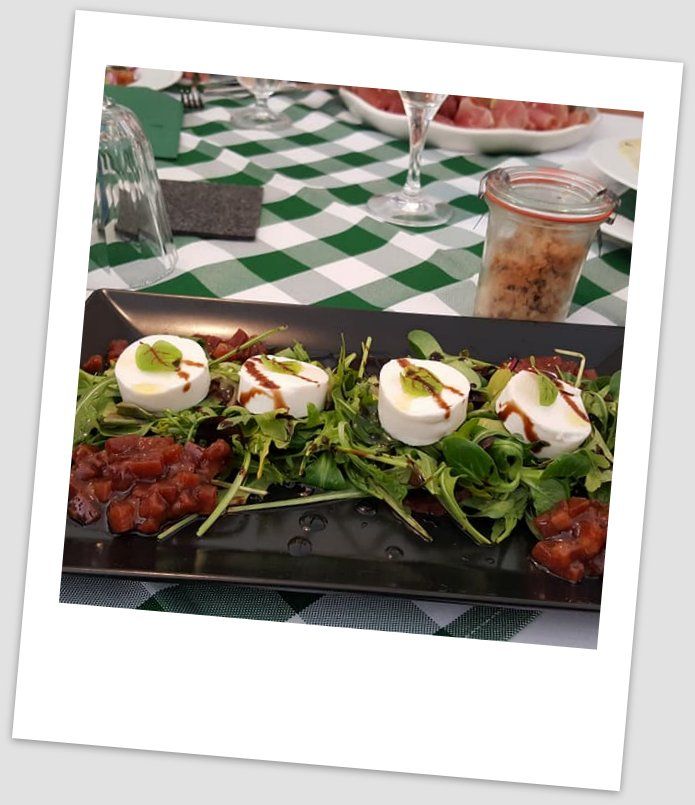 Ein Teller mit Salat, Mozzarella und Tomaten auf einem Tisch mit grün-weiß kariertem Tischtuch.