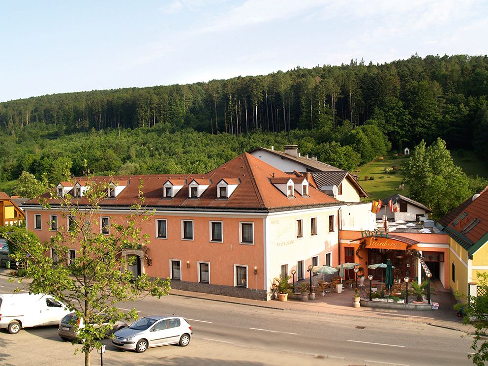 Außenansicht eines Hotels mit Terrasse und umliegendem Wald.