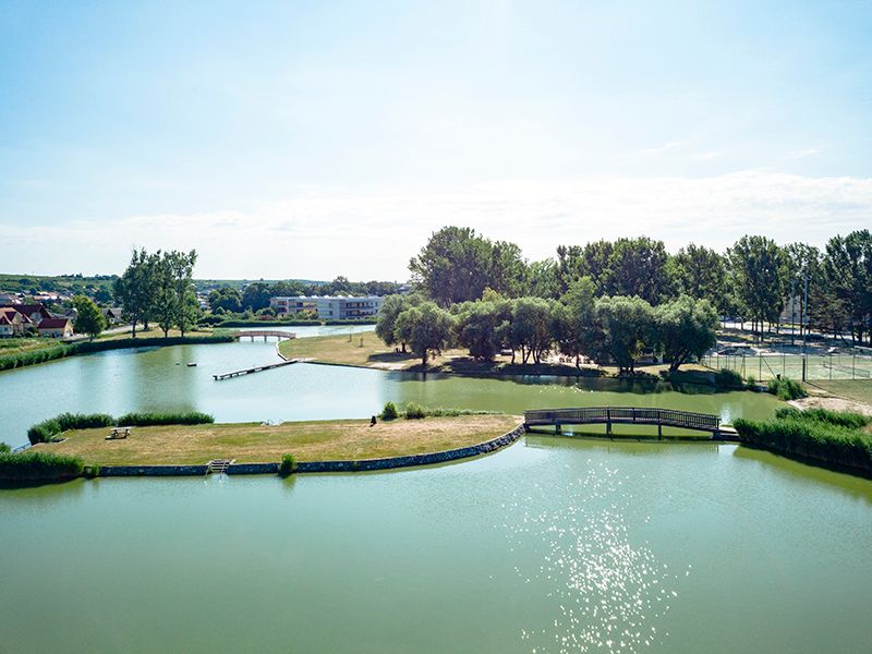 Luftaufnahme eines Campingplatzes mit Teich, Brücke und Bäumen.