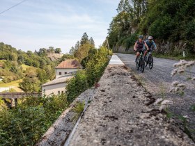 Radfahrer gleiten entlang des malerischen Kamptal Radwegs, umgeben von &uuml;ppigem Gr&uuml;n und sanften H&uuml;geln. Die frische Bergluft und die atemberaubenden Ausblicke laden dazu ein, die Sch&ouml;nheit der Natur in vollen Z&uuml;gen zu genie&szlig;en.