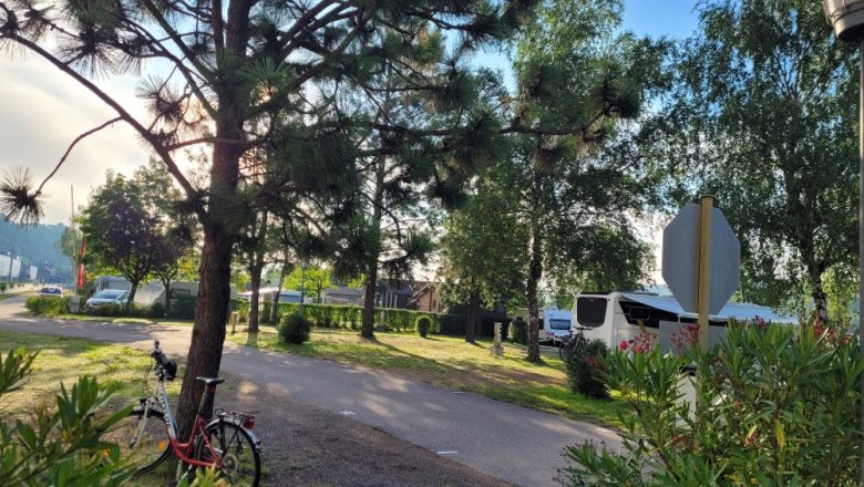 Ein Campingplatz mit Wohnmobilen, Bäumen und einem Fahrrad im Vordergrund.