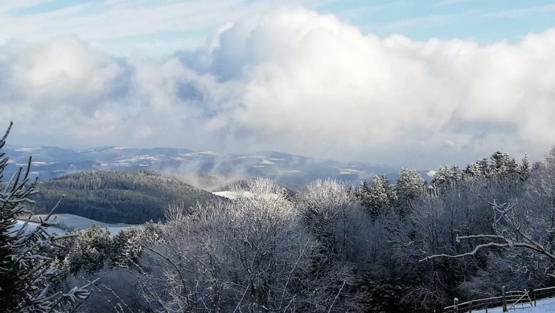 Winterlandschaft mit schneebedeckten B&auml;umen und H&uuml;geln unter blauem Himmel mit Wolken.