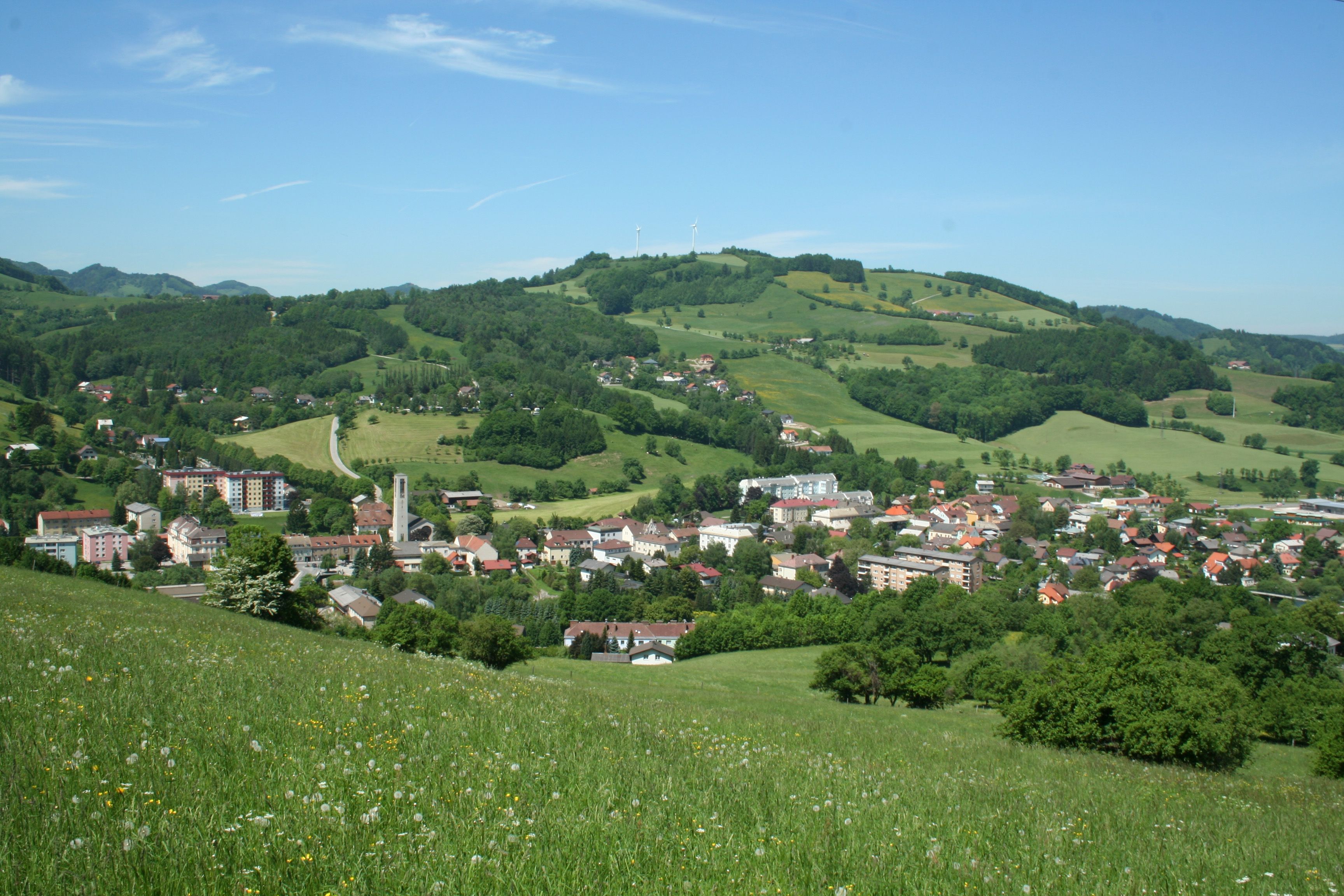 Panoramablick auf die Marktgemeinde Traisen mit grünen Hügeln und Windrädern im Hintergrund.