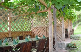Ein Gastgarten mit Holztischen und -st&uuml;hlen, &uuml;berdacht von einem Laubengang mit Weinreben.