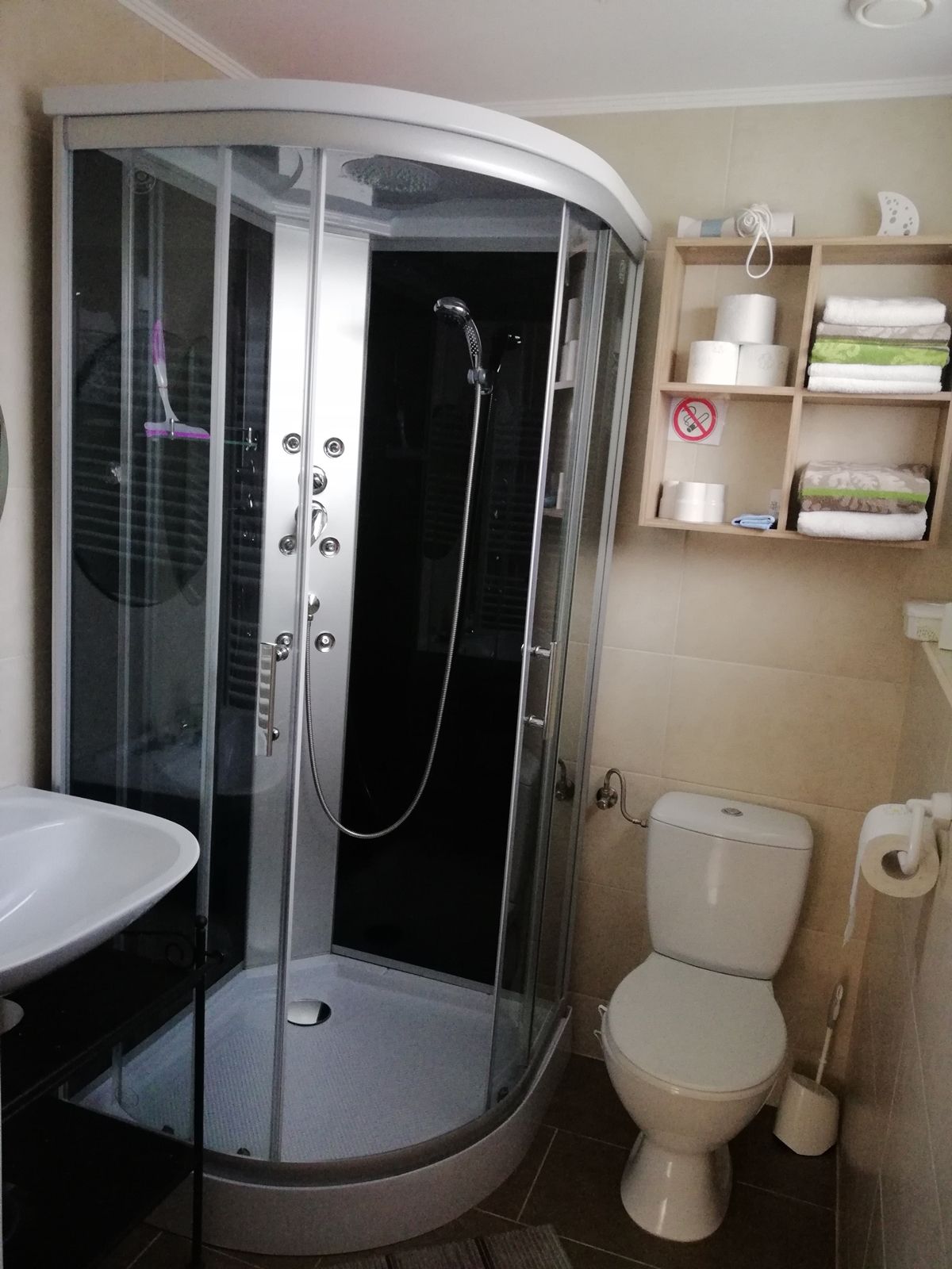 Modernes Badezimmer mit Duschkabine, Waschbecken, Toilette und Regal mit Handtüchern und Toilettenpapier.