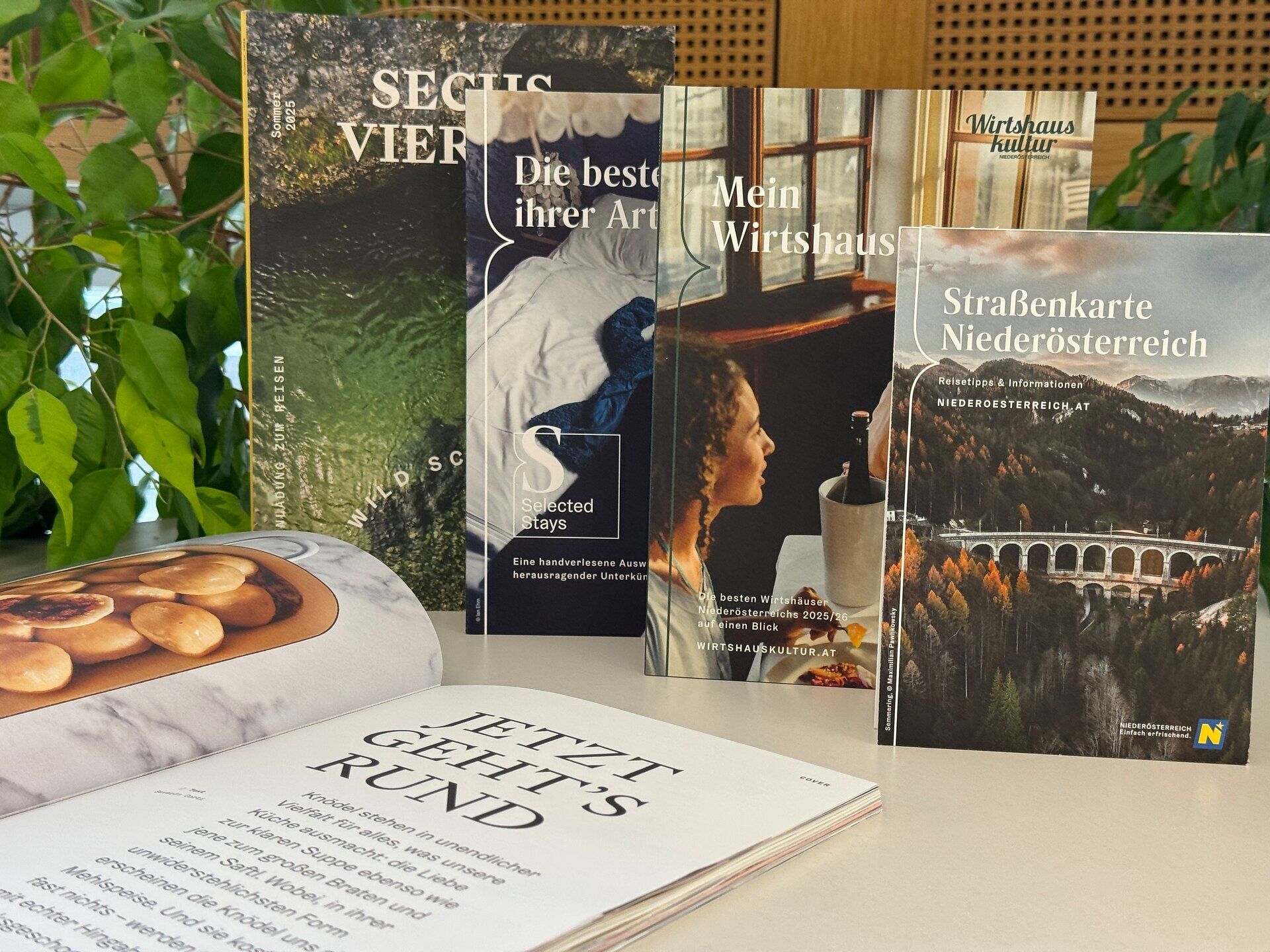 Auswahl an Reisemagazinen und Broschüren zu Niederösterreich auf einem Tisch arrangiert, darunter Straßenkarte, Wirtshausguide und Unterkunfts­empfehlungen im Prospektshop.
