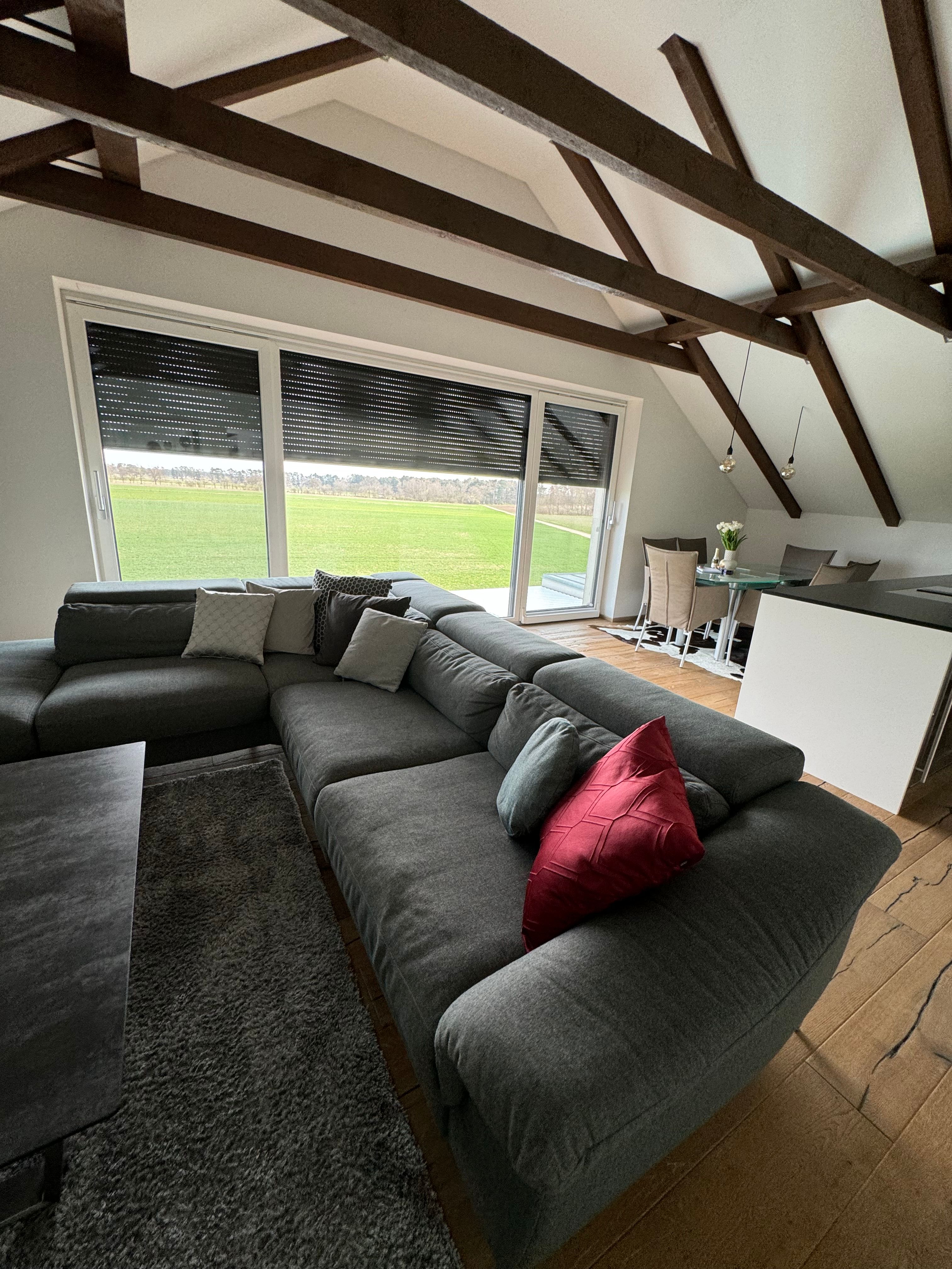 Wohnzimmer mit grauem Sofa, rotem Kissen, Esstisch und Panoramafenster mit Blick auf grüne Wiese.