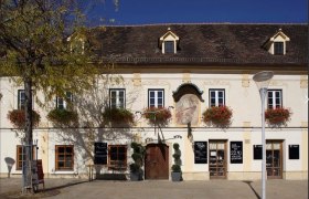 Historisches Geb&auml;ude mit Blumenk&auml;sten und Wandgem&auml;lde.