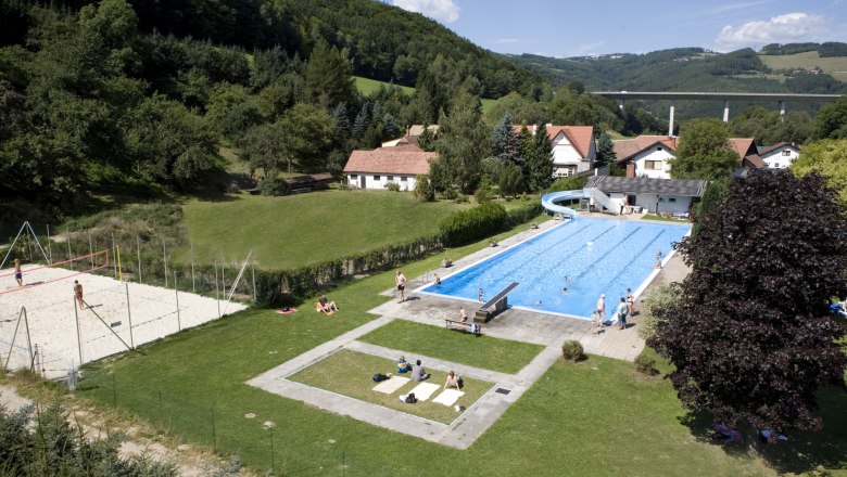 Freibad Edlitz mit Schwimmbecken, Rutsche und Volleyballfeld in l&auml;ndlicher Umgebung.