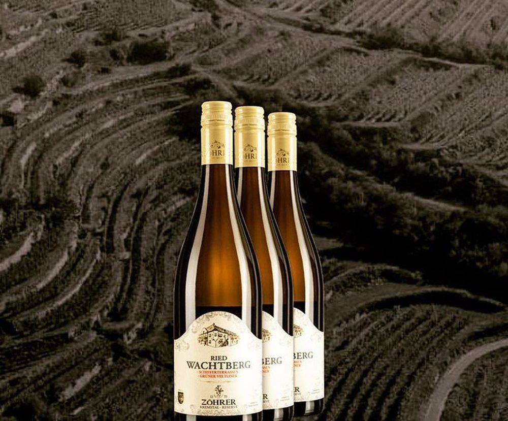 Drei Weinflaschen vor einem Hintergrund mit Weinbergen.