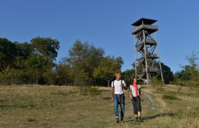 Zwei Wanderer vor einem h&ouml;lzernen Aussichtsturm in einer Wiesenlandschaft.