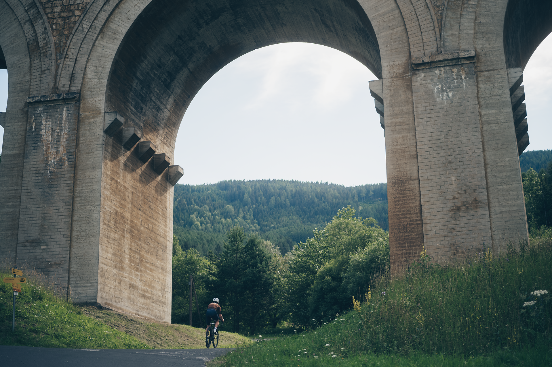 Unter majestätischen Bögen eines alten Viadukts radelt ein Abenteurer durch die grüne Landschaft. Die sanften Hügel und dichten Wälder laden dazu ein, die Schönheit der Natur zu erkunden und die frische Bergluft zu genießen. Ein perfekter Ort für unvergessliche Erlebnisse in den Wiener Alpen.