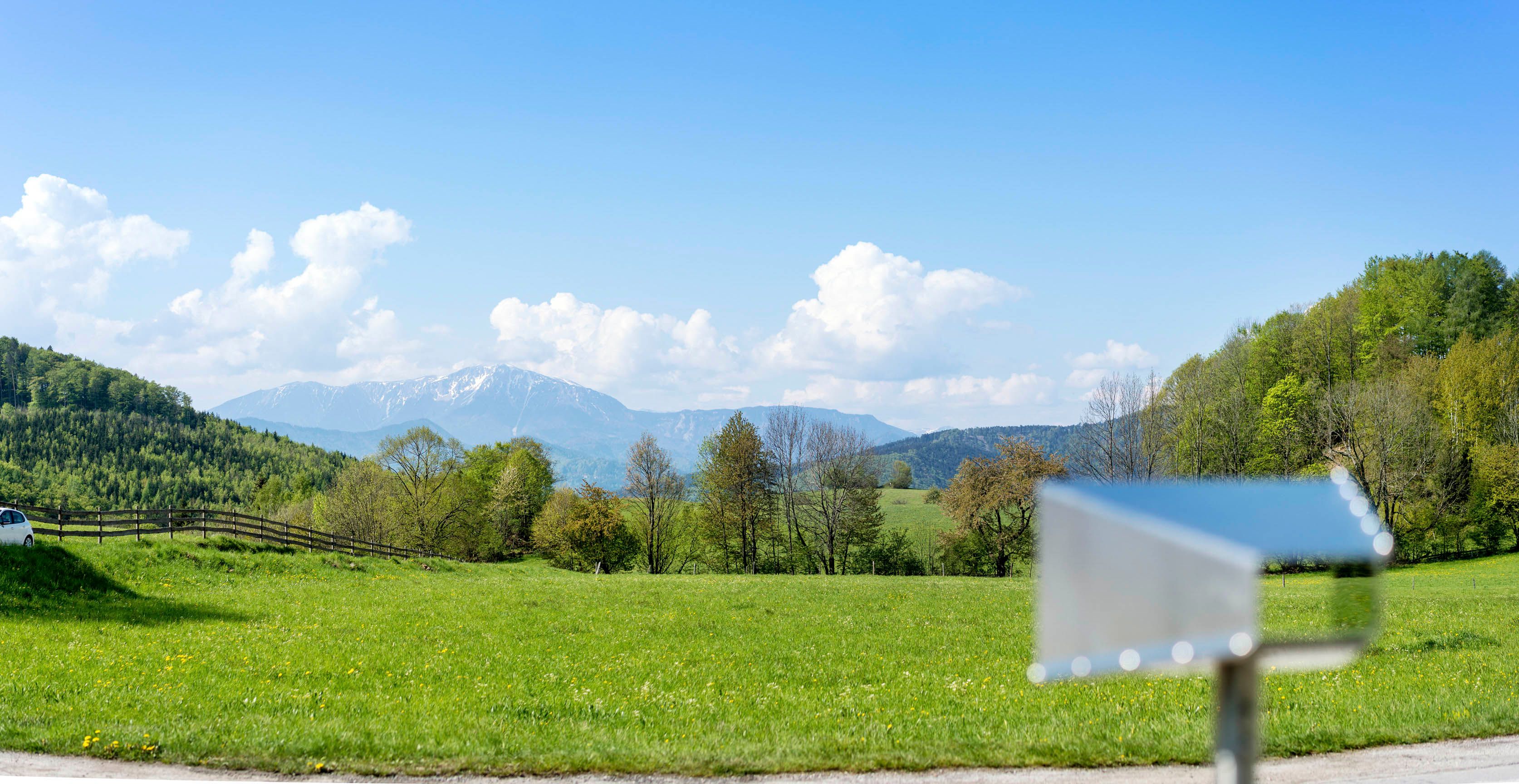 Grüne Wiese mit Bergen im Hintergrund und einem unscharfen Objekt im Vordergrund.