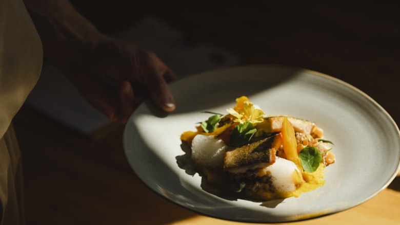 Gourmetgericht mit Fisch, Risotto und K&uuml;rbis auf grauem Teller.