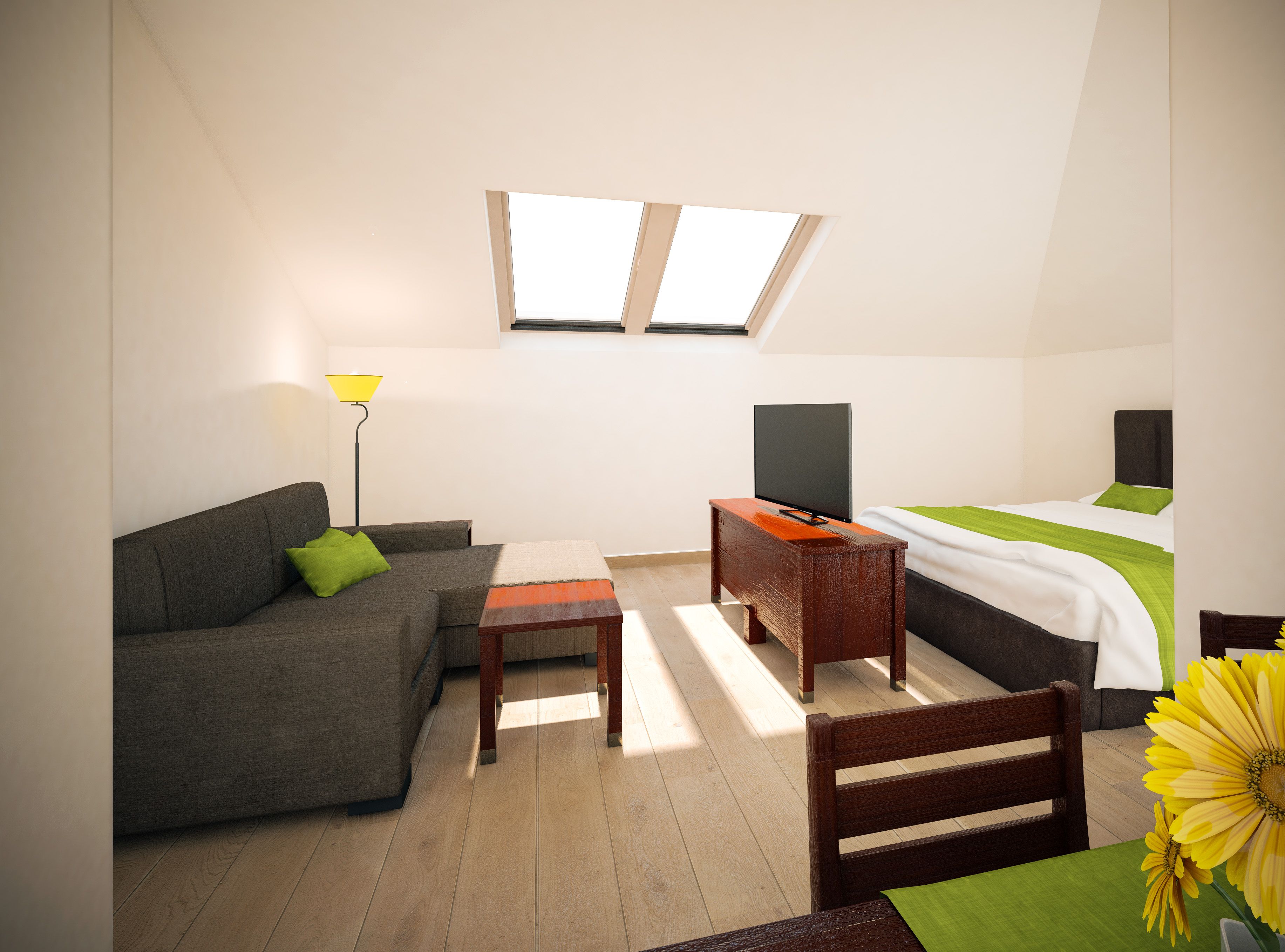 Helles Apartment mit Dachfenstern, Sofa, Bett, TV und Esstisch.