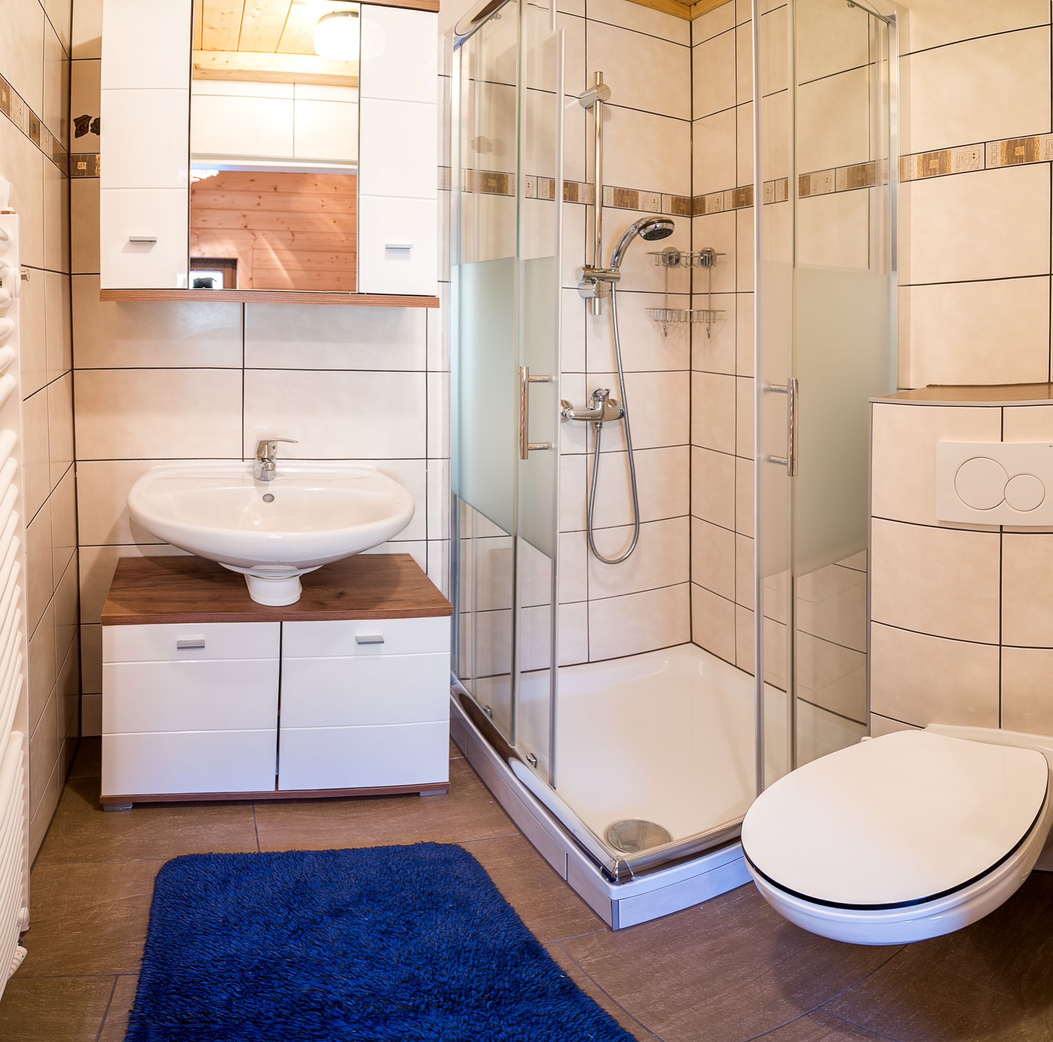 Modernes Badezimmer mit Dusche, Waschbecken, WC und blauer Badematte.