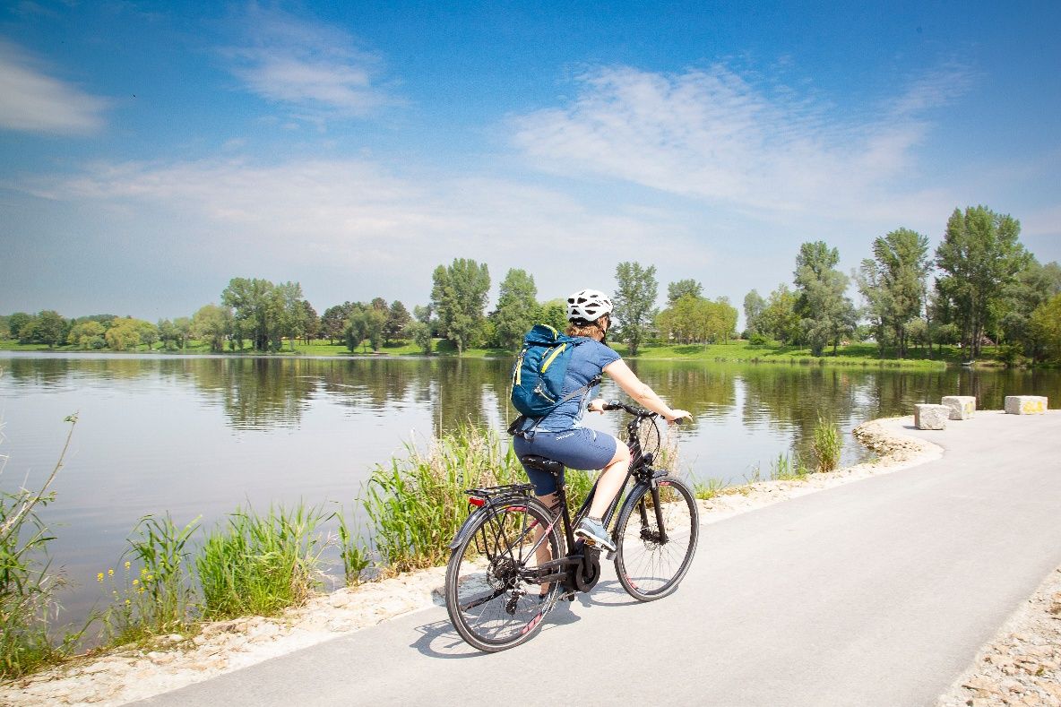 Eine Person fährt mit dem Fahrrad auf einem Weg entlang eines Flusses, umgeben von grüner Landschaft und Bäumen.