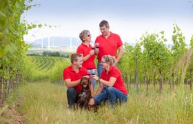 Vier Personen in roten Hemden und ein Hund in einem Weinberg.