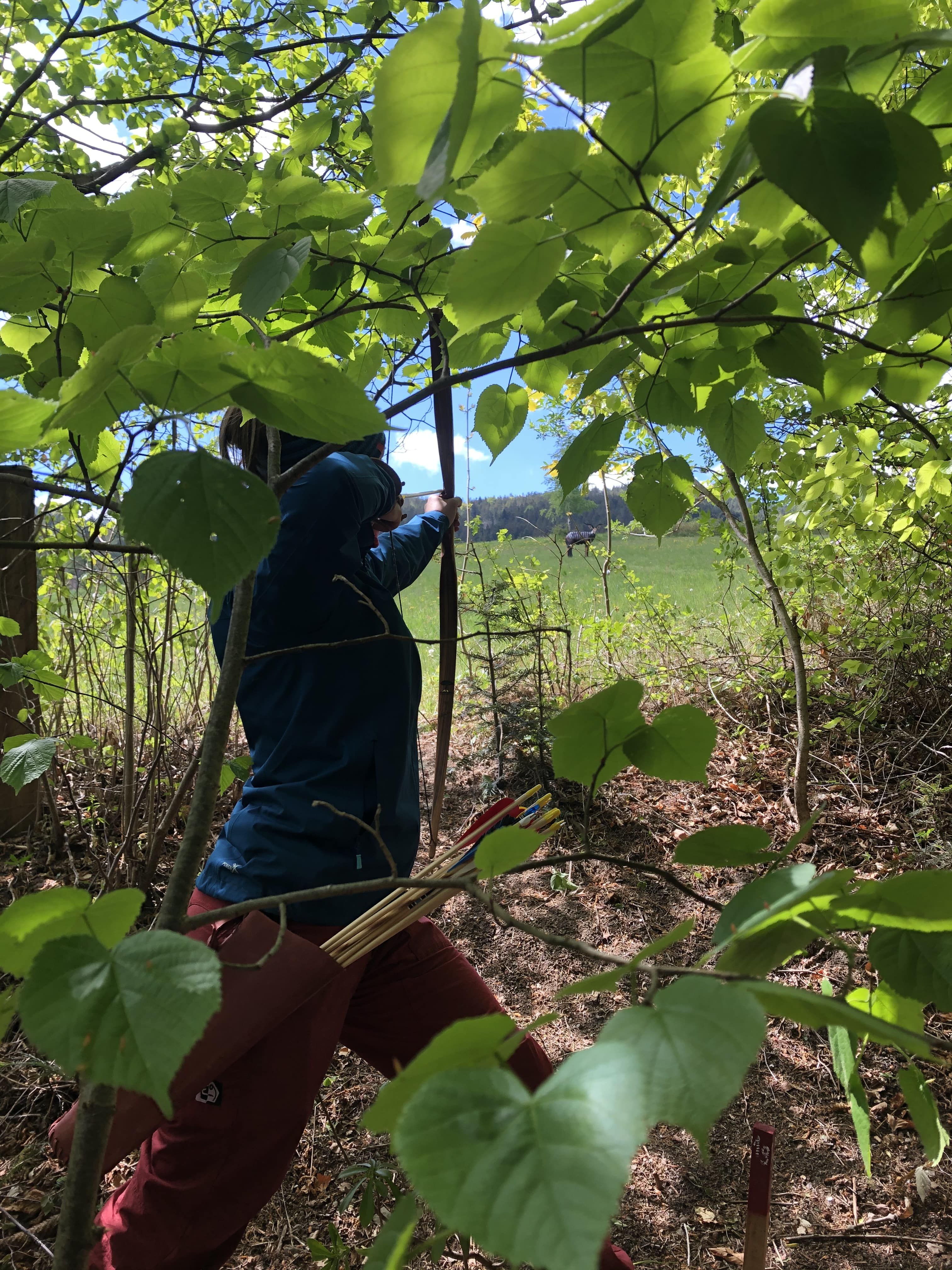 Person schießt mit einem Bogen im Wald, umgeben von grünen Blättern.