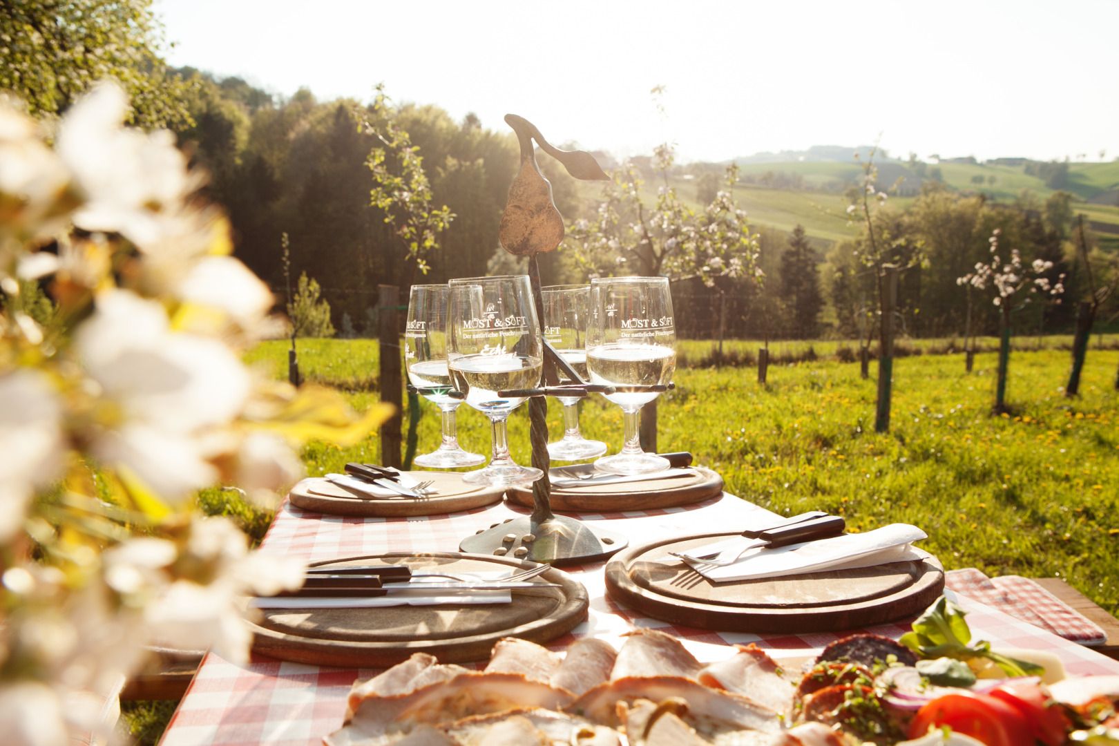 Ein gedeckter Tisch im Freien mit Weingläsern und Wurstplatte vor einer grünen Landschaft.