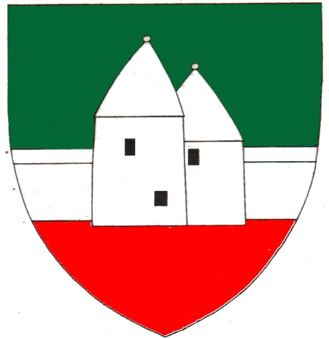 Wappen von Pottenstein mit grünem Hintergrund, weißem Gebäude und rotem Untergrund.