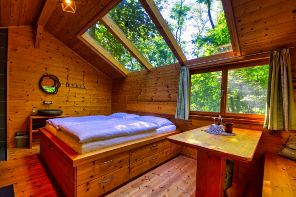 Innenansicht eines gemütlichen Holzhauses mit Bett und Tisch, umgeben von Bäumen.