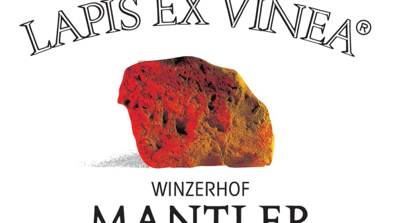 Logo des Winzerhofs Mantler mit einem roten Stein und dem Schriftzug 'Lapis Ex Vinea'.