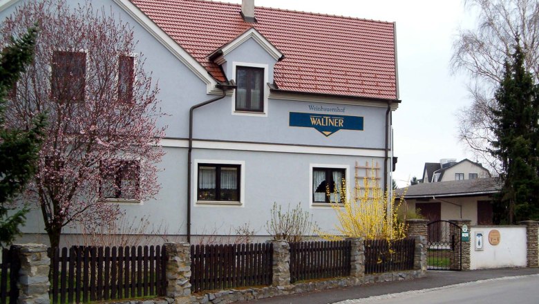 Ein zweist&ouml;ckiges Haus mit rotem Dach und blauer Fassade, umgeben von bl&uuml;henden B&auml;umen und einem Holzzaun.