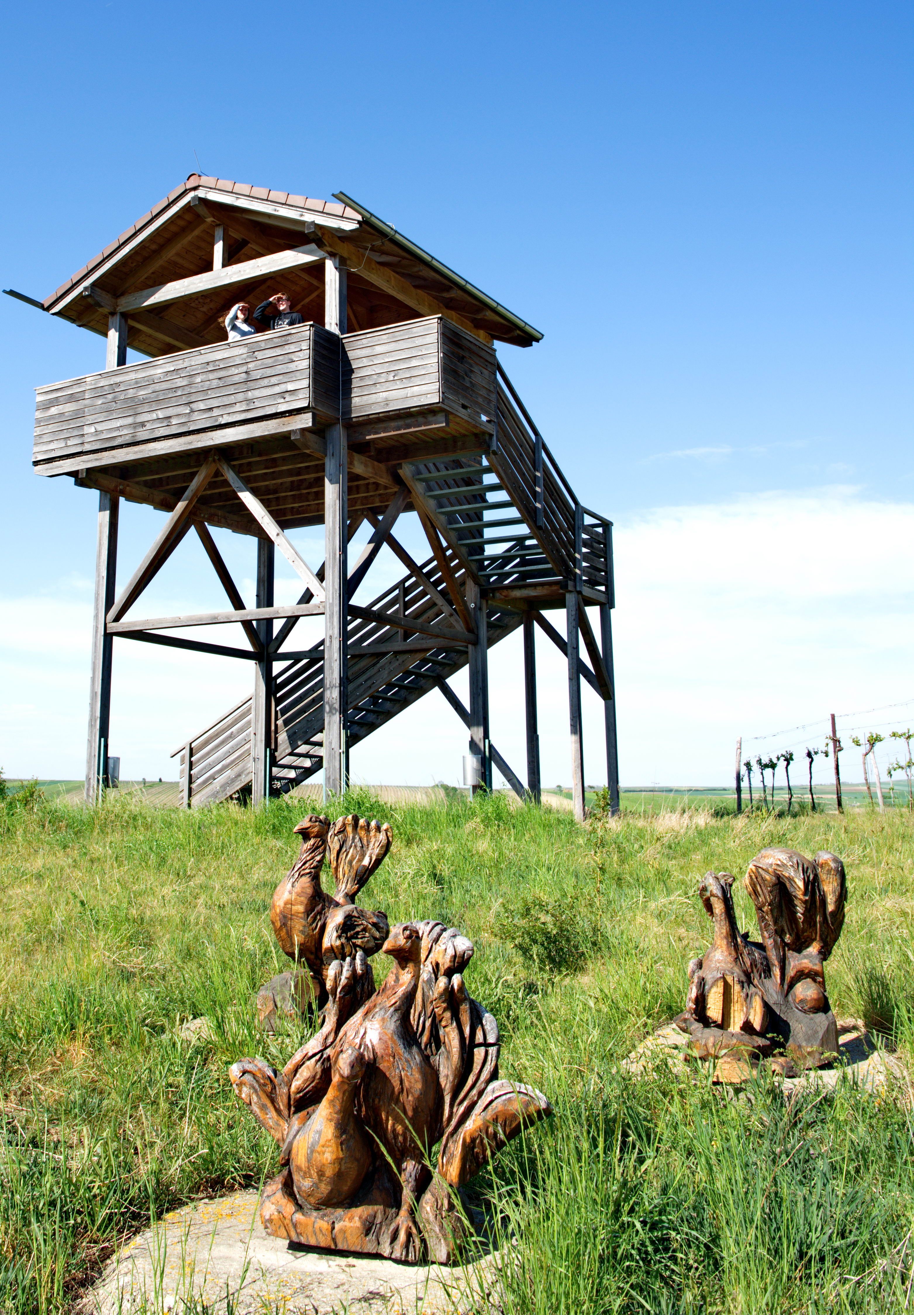 Holzturm mit zwei Personen und Holzskulpturen von Vögeln im Vordergrund auf einer Wiese.