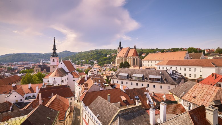 Panoramablick auf die Altstadt von Krems mit Kirchen und roten Dächern.