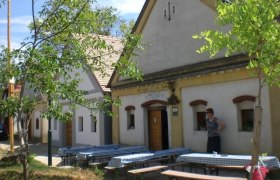 Traditionelle Weinkeller mit Holzt&uuml;ren und B&auml;nken im Freien.