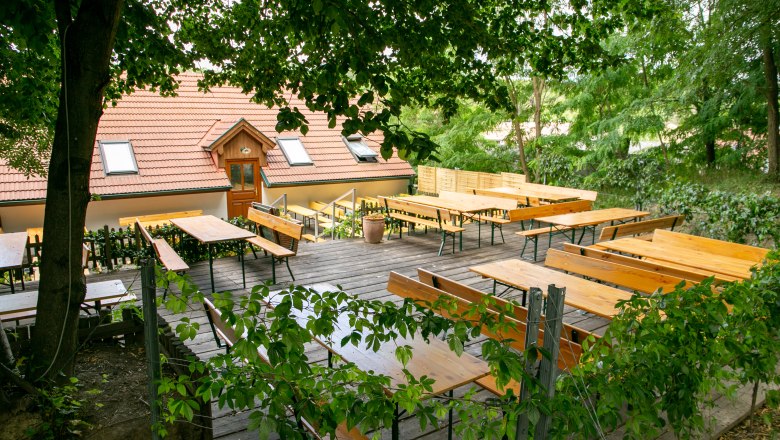 Ein leerer Biergarten mit Holzb&auml;nken und Tischen, umgeben von B&auml;umen und einem Geb&auml;ude mit rotem Dach im Hintergrund.
