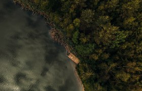 Luftaufnahme eines kleinen Holzstegs am Ufer eines Sees, umgeben von dichtem Wald, im Waldviertel.