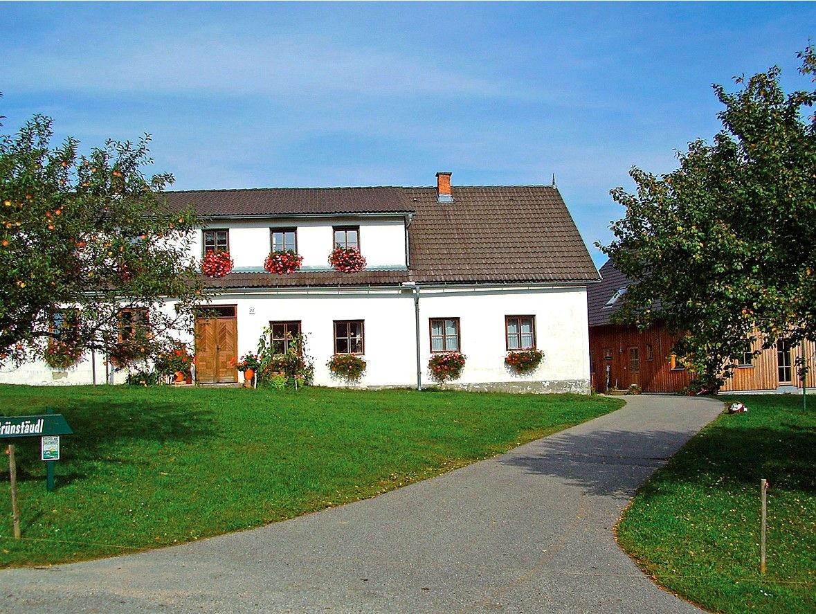 Ein traditionelles Bauernhaus mit Blumen an den Fenstern und einem gepflegten Garten.