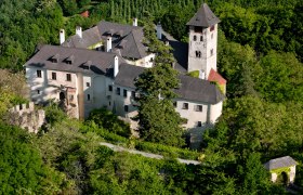 Luftaufnahme der Burg Oberranna, umgeben von dichtem Wald.