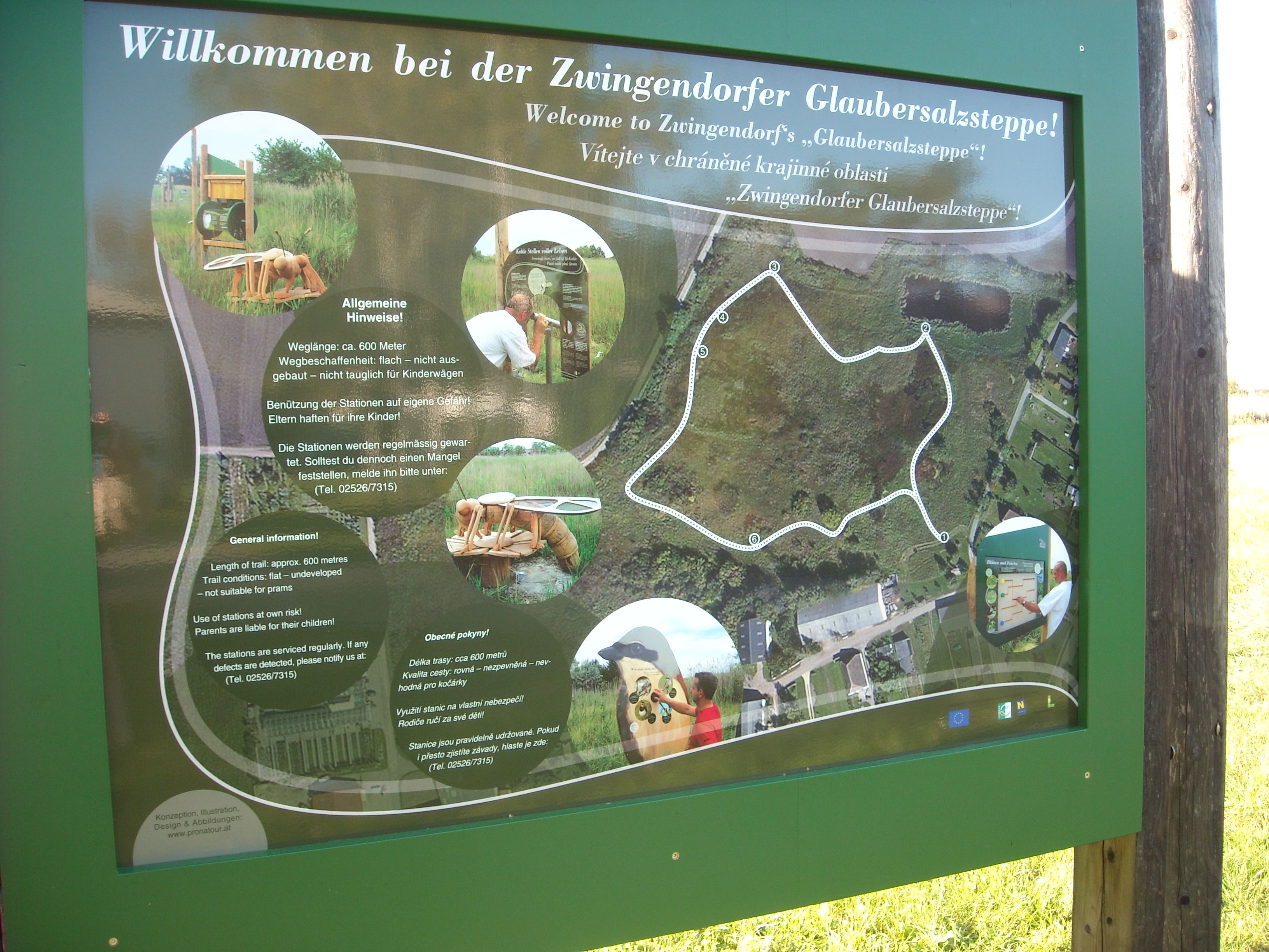 Informationstafel des Zwingendorfer Glaubersalzsteppen-Lehrpfads mit Karte und Hinweisen.