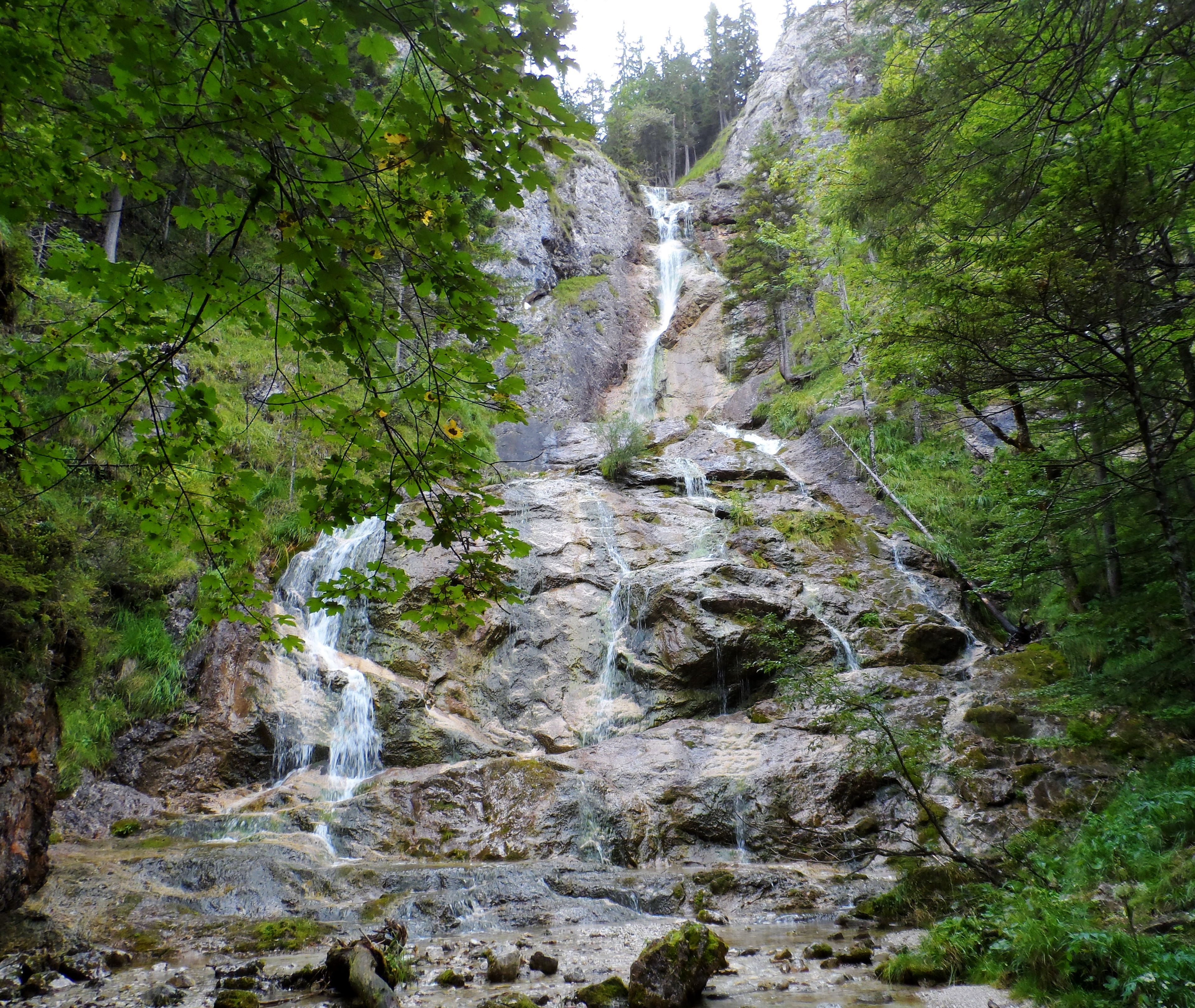 Ein Wasserfall fließt über Felsen in einem bewaldeten Gebiet.