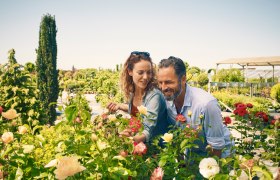 Ein Mann und eine Frau betrachten Blumen in einer G&auml;rtnerei.
